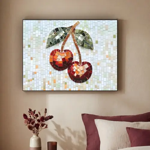 Kersen - Rood - Mozaïek - Blaadjes Textielframe zwart klein -sfeer1