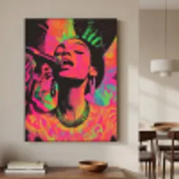 Neon - Vrouw - Microfoon Textielframe - compleet frame klein -sfeer2