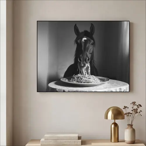 Paard - Bord - Pasta - Tafelkleed - Zwart Wit - Dieren Textielframe zwart klein -sfeer2