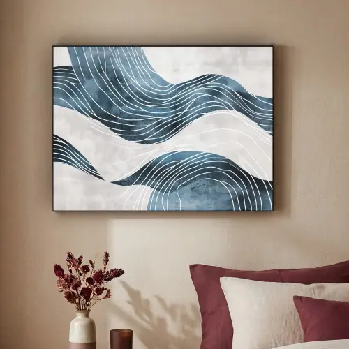 Lijnen - Golven - Abstract - Blauw Textielframe - compleet frame klein -sfeer1