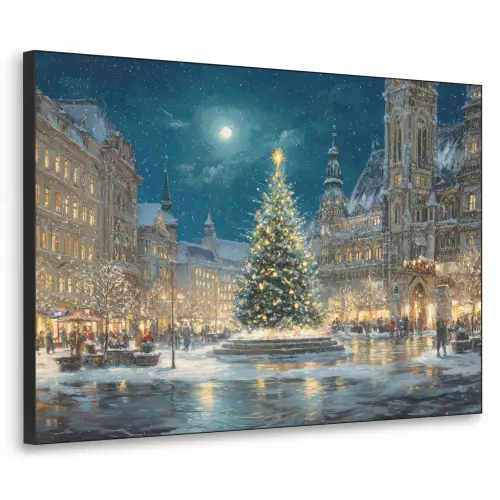 Kerstnacht - Stadsplein - Meerkleurig Textielframe zwart klein -3d