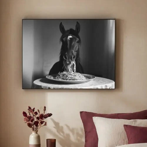 Paard - Bord - Pasta - Tafelkleed - Zwart Wit - Dieren Textielframe zwart klein -sfeer1