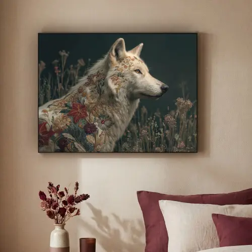 Wolf - Bloemen - Natuur Textielframe zwart klein -sfeer1