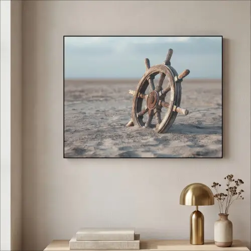 Scheepsstuur - Hout - Bruin - Zand Textielframe zwart klein -sfeer2