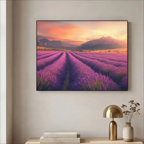 Lavendelveld - Zonsondergang - Paars Textielframe - compleet frame klein -sfeer2