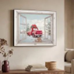 Auto - Rood - Cadeaus - Winter - Kerst - Doorkijk - Wit Textielframe zwart klein -sfeer3