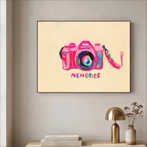 Camera - Memories - Roze - Geschilderd Textielframe zwart klein -sfeer2
