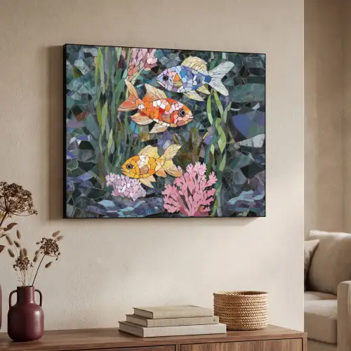 Vissen - Koraal - Zee - Mozaïek Textielframe zwart klein -sfeer3