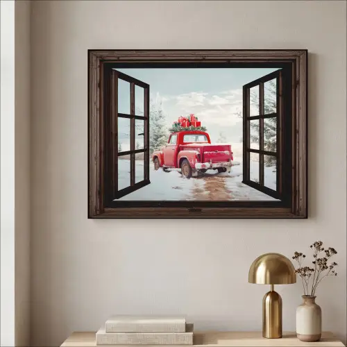 Doorkijk - Auto - Rood - Cadeaus - Winterlandschap - Kerst Textielframe - compleet frame klein -sfeer2