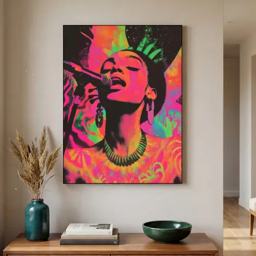 Neon - Vrouw - Microfoon Textielframe zwart klein -sfeer1