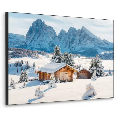 Winter - Huisje - Bergen - Uitzicht - Sneeuw Textielframe zwart klein -3d