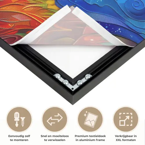 Boom - Zon - Verflook - Kleuren - Abstract Textielframe zwart klein -USP_closeupNL