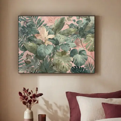 Compositie van bladeren - Groen - Roze Textielframe zwart klein -sfeer1