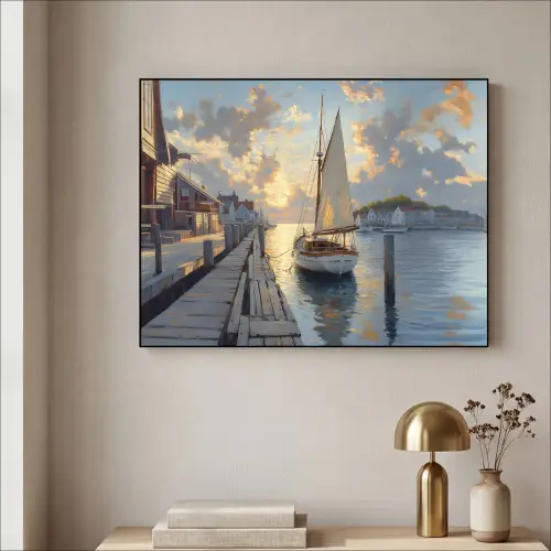 Zeilboot - Zon - Pier - Hout Textielframe zwart klein -sfeer2