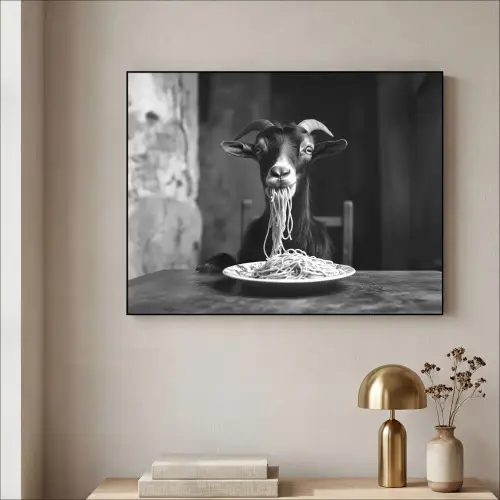 Geit - Bord - Spaghetti - Zwart Wit Textielframe zwart klein -sfeer2