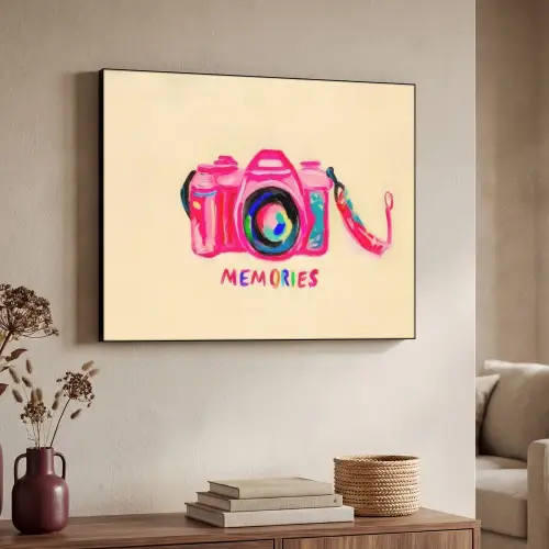 Camera - Memories - Roze - Geschilderd Textielframe zwart klein -sfeer3