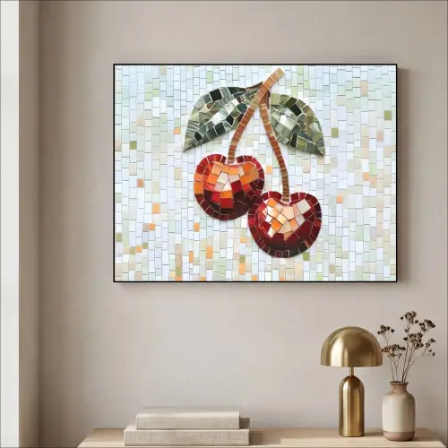 Kersen - Rood - Mozaïek - Blaadjes Textielframe - compleet frame klein -sfeer2