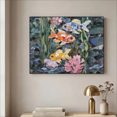 Vissen - Koraal - Zee - Mozaïek Textielframe zwart klein -sfeer2