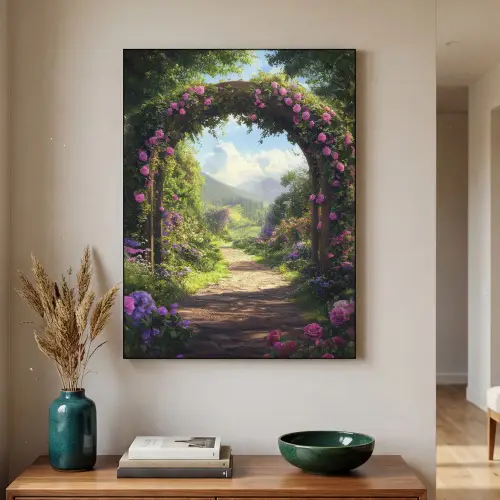 Doorkijk - Rozenboog - Uitzicht - Landschap - Bloemen Textielframe zwart klein -sfeer1