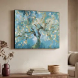 Amandelbloesem boom - Blauw - Abstract Textielframe zwart klein -sfeer3