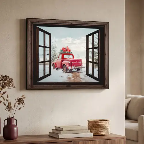 Doorkijk - Auto - Rood - Cadeaus - Winterlandschap - Kerst Textielframe zwart klein -sfeer3