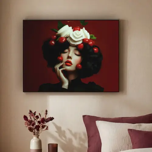 Vrouw - Kersen - Slagroom Textielframe zwart klein -sfeer1