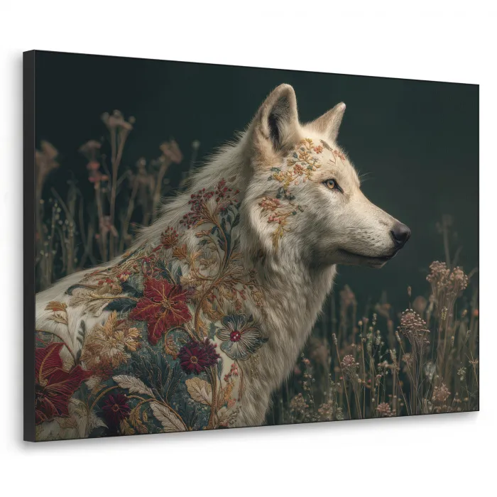 Wolf - Bloemen - Natuur Textielframe - compleet frame klein -3d
