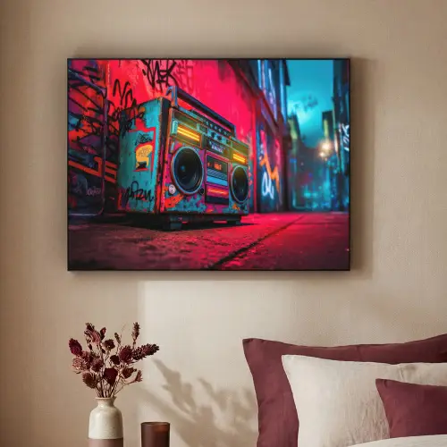 Boombox - Rood - Graffiti - Neon Textielframe - compleet frame klein -sfeer1