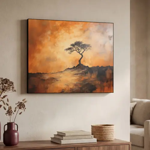 Boom - Landschap - Oranje Textielframe zwart klein -sfeer3