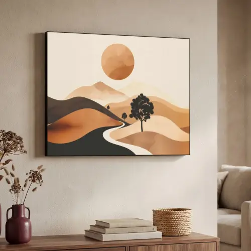 Zon - Heuvels - Boom - Abstract Textielframe - compleet frame klein -sfeer3