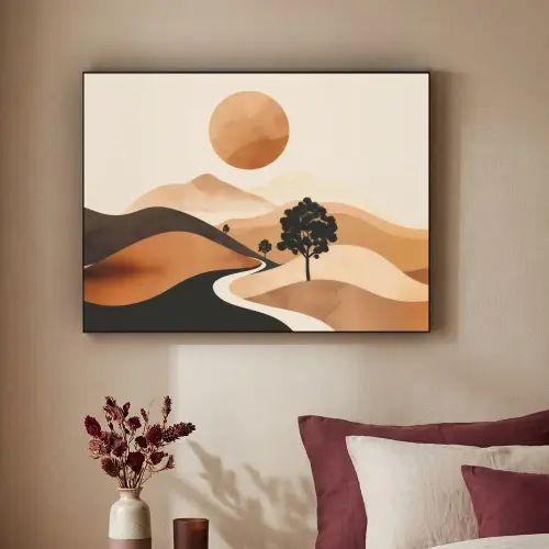 Zon - Heuvels - Boom - Abstract Textielframe zwart klein -sfeer1
