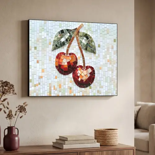 Kersen - Rood - Mozaïek - Blaadjes Textielframe zwart klein -sfeer3