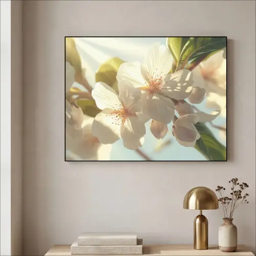 Bloesems - Wit - Zonnestralen -  Bloemblaadjes Textielframe zwart klein -sfeer2