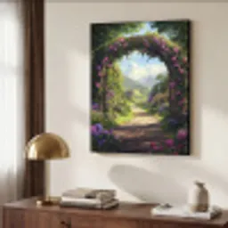 Doorkijk - Rozenboog - Uitzicht - Landschap - Bloemen Textielframe - compleet frame klein -sfeer3