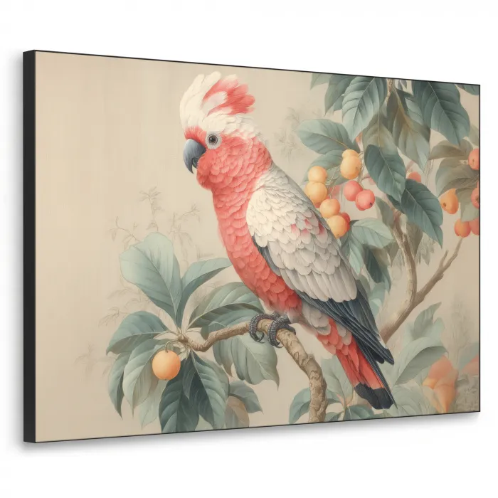 Roze kuifkaketoe - Tak met vruchten - Bladeren Textielframe - compleet frame klein -3d
