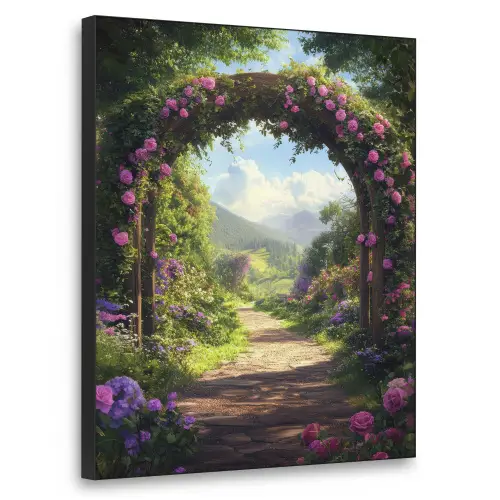 Doorkijk - Rozenboog - Uitzicht - Landschap - Bloemen Textielframe - compleet frame klein -3d
