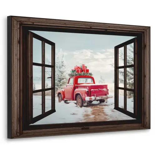 Doorkijk - Auto - Rood - Cadeaus - Winterlandschap - Kerst Textielframe - compleet frame klein -3d