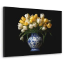 Geel - Tulpen - Vaas - Bloemen Textielframe zwart klein -3d