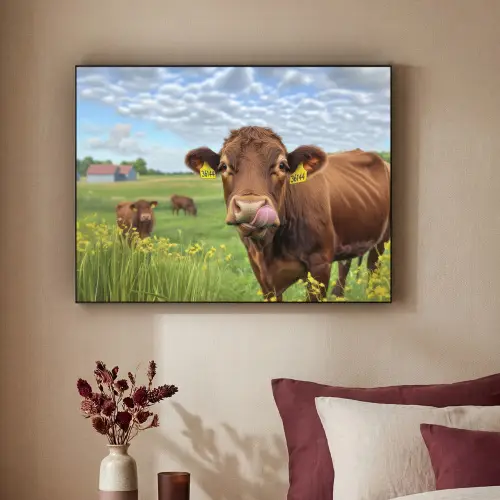 Koe - Weide - Bloemen Textielframe zwart klein -sfeer1