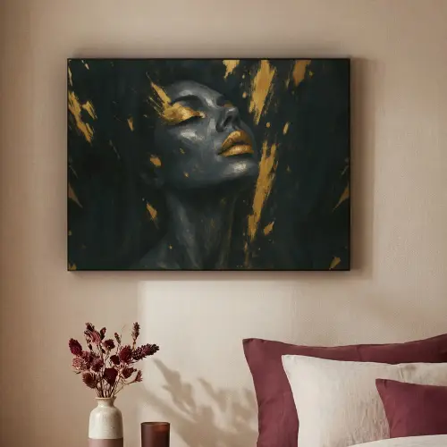 Gezicht - Vrouw - Verfspatten - Abstract Textielframe zwart klein -sfeer1