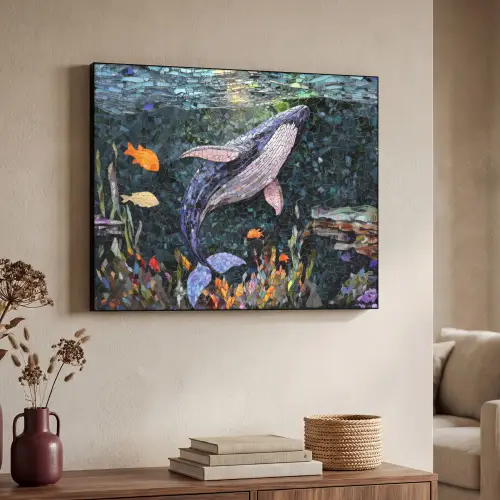 Mozaïek - Walvis - Koraal - Water Textielframe zwart klein -sfeer3