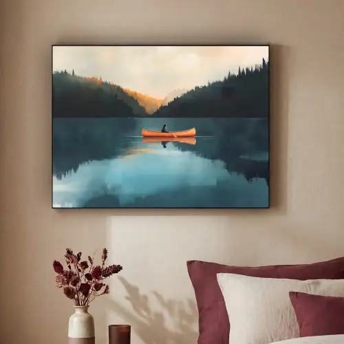 Bossen - Meer - Kano - Oranje Textielframe - compleet frame klein -sfeer1