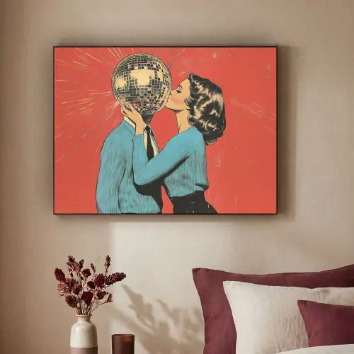 Vrouw - Retro - Discobal - Kus Textielframe zwart klein -sfeer1