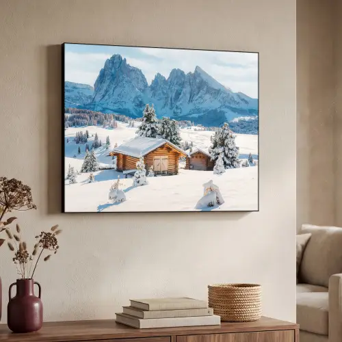 Winter - Huisje - Bergen - Uitzicht - Sneeuw Textielframe - compleet frame klein -sfeer3