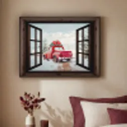Doorkijk - Auto - Rood - Cadeaus - Winterlandschap - Kerst Textielframe zwart klein -sfeer1
