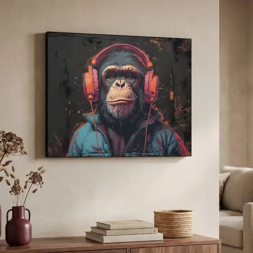 Graffiti - Chimpansee - Koptelefoon - Aap Textielframe - compleet frame klein -sfeer3