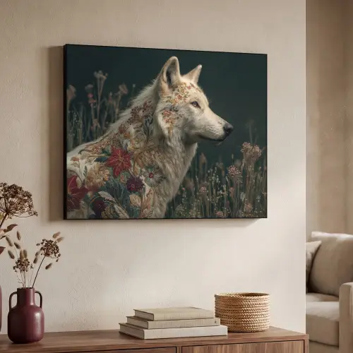 Wolf - Bloemen - Natuur Textielframe zwart klein -sfeer3