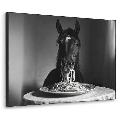 Paard - Bord - Pasta - Tafelkleed - Zwart Wit - Dieren Textielframe - compleet frame klein -3d