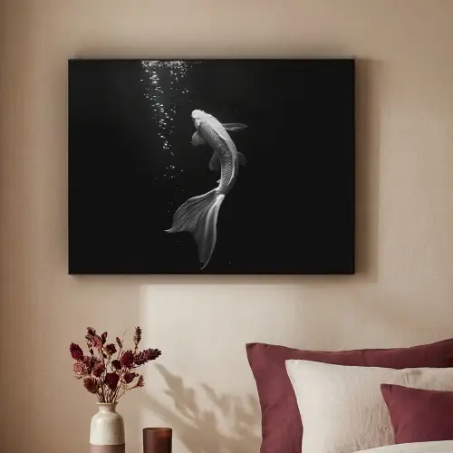 Koi - Vis - Wit - Zwart Textielframe zwart klein -sfeer1