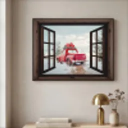 Doorkijk - Auto - Rood - Cadeaus - Winterlandschap - Kerst Textielframe zwart klein -sfeer2